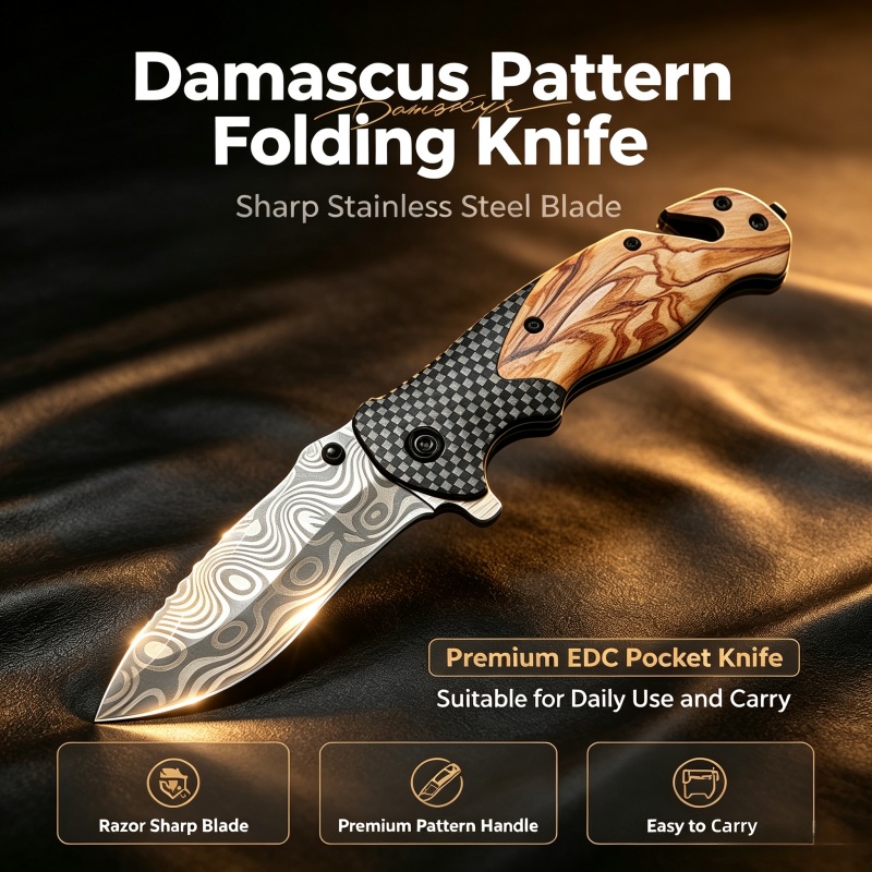 Damascus Pattern Folding Knife - Edc Daily Carry recension och pris